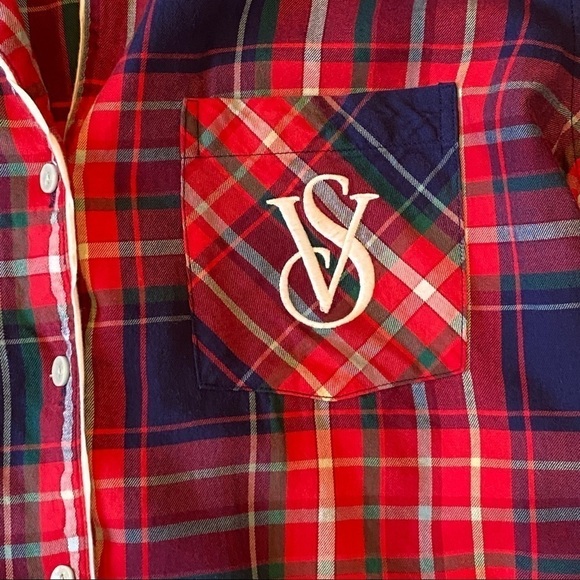 VICTORIAS SECRET Embroidered Red PLAID Pajamas 2PC~TOP BOTTOMS PANTS~Medium M - Picture 2 of 7